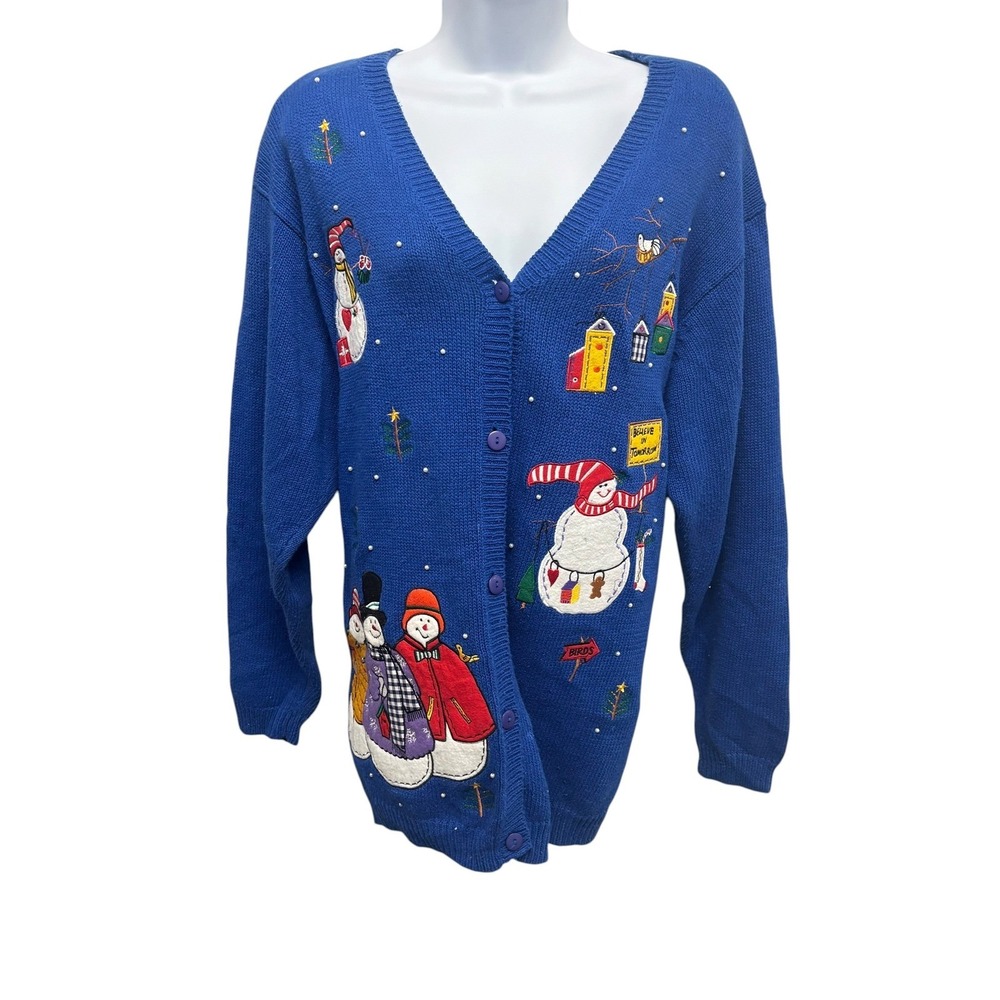 The Quacker Factory Blue Snowman Embroidered Cardigan Sweater Women Large A62770